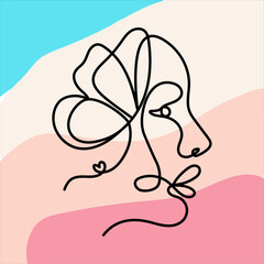 Single line art of girl with flower face, vector portrait of a female with heart and butterfly wing style hairs 
