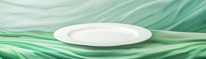 The juxtaposition of an empty white dinner plate against a green holographic background creates a harmonious blend of tradition and futuristic style 8K , high-resolution, ultra HD,up32K HD - obrazy, fototapety, plakaty