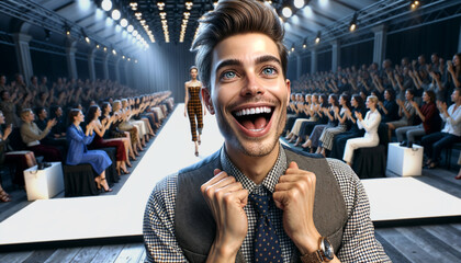 joyful fashion designer at a fashion show by adjusting their expression to convey pure happiness or joy - Powered by Adobe