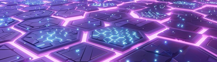 In the 3D clay render, the neon hexagon matrix pulses with light, creating a futuristic and energetic background - obrazy, fototapety, plakaty