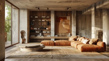 Detailed 3D illustration of a minimalist living room with a rustic mood, incorporating elements like raw wood and a simple, earthy color scheme.