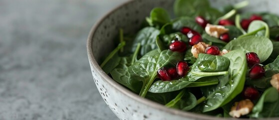 A closeup highlights the textures and colors of a salad with spinach, walnuts, and pomegranate seeds