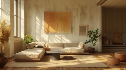 Detailed 3D illustration of a minimalist living room with a contemplative mood, featuring a simple layout, subdued colors, and thoughtful artwork.
