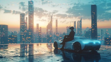 A businessman relaxes with a VR headset next to his charging electric vehicle in a hightech city - obrazy, fototapety, plakaty