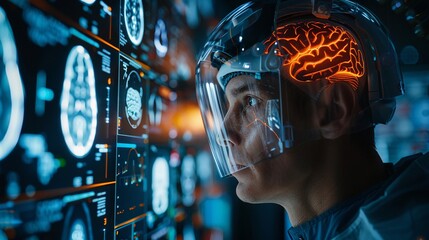 A sharp and clear image captures an intense moment as researchers monitor brain activity via a seamless interface, showcasing the potential of direct mind control over digital devices 8K , high-resolu - obrazy, fototapety, plakaty