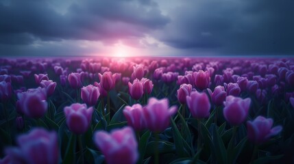 Black and purple tulip field, dark blue sky. Generative AI.