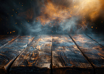 A wooden table with dark background, abstract background. Created with AI