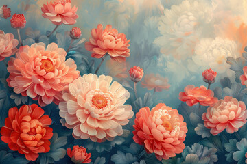 Peach and coral colored peonies in the style of an oil painting, dreamy and ethereal, beautiful, background with a light blue sky. Created with AI
