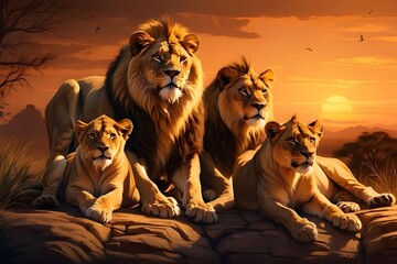 A majestic pride of lions, with their playful cubs, basking in the warm glow of the setting sun against a dark and dramatic background. This stunning illustration, rendered in a digital art style by P - obrazy, fototapety, plakaty