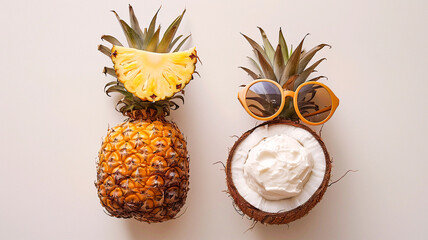 A pineapple and coconut wearing sunglasses and sunblock, standing against a bright, solid colored background