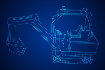 Heavy equipment excavator machine manufacturing power equipment for open pit mining. Wireframe low poly mesh vector illustration