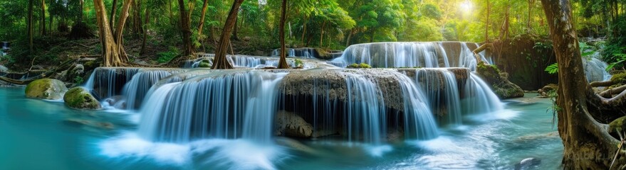 Cascade of Tranquility: Capturing the Beauty of a Panoramic Deep Forest Waterfall