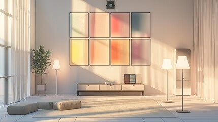 A minimalist living room with a smart temperature control system, a wall of modular art pieces, and a set of adjustable floor lamps