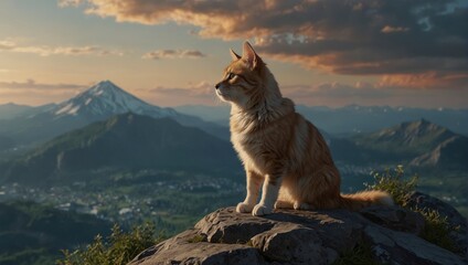 High-res Anime tabby CAT meditating on mountain peak, 4K