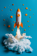 Vibrant handcrafted rocket launch display with cotton smoke and orange stars on a blue backdrop, depicting a playful exploration of space and creativity - AI generated.