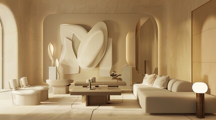 A minimalist living room with a neutral color scheme, featuring a statement wall of sculptural elements, simple yet elegant furniture, and subtle lighting that enhances the room's serene atmosphere