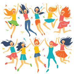 Young female characters joyfully jumping celebrating success. Multiple women happiness, celebration concept colorful cartoon. Excitement, joyful dance, party atmosphere, festive occasion