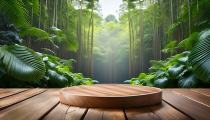 wooden podium nestled within a lush tropical forest, serving as an ideal setting for product presentation against a backdrop of vibrant green foliage texture mock up background - obrazy, fototapety, plakaty