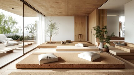 A minimalist living room with a focus on sustainability, featuring eco-friendly materials like bamboo, cork, and recycled plastics, and a design that emphasizes natural light and energy efficiency