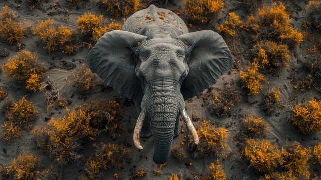 High angle view of an African elephant with its head in the center of the image, surrounded by hay and cracked earth.Majestic African Elephant in Arid Landscape - 4K HD Wallpaper