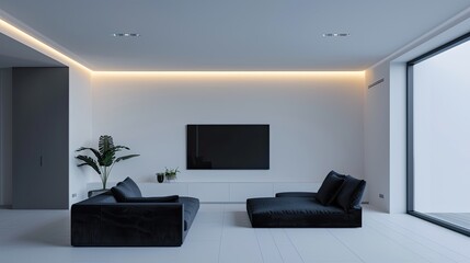 A minimalist living room with stark white walls, a recessed ceiling with ambient lighting, and a deep black angular sofa facing a wall-mounted ultra-thin TV