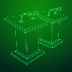 Speaker Podium Rostrum. Tribune Stand with Microphones. Debate, press conference concept. Wireframe low poly mesh vector illustration