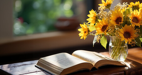 Still life with a vase of sunflowers and books next to the window.Horizontal.Horizontal photography...