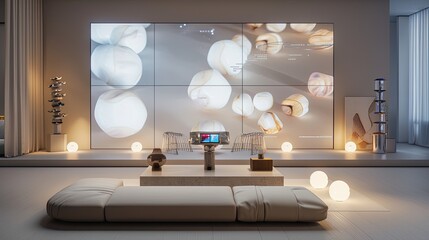 A minimalist living room with a smart wall that displays interactive art, a central low-profile couch, and a set of artistic table lamps