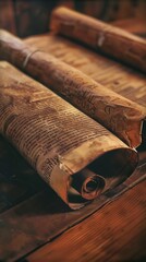 Old, mysterious scrolls in a retro setting, an ancient Bible revealing the wisdom of Proverbs, Futuristic , Cyberpunk - obrazy, fototapety, plakaty