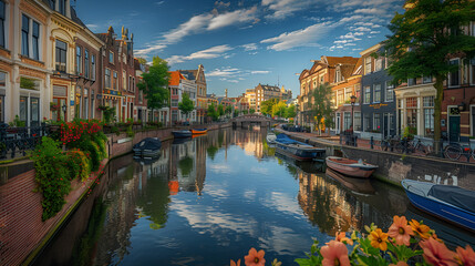 Enchanting View of Utrecht Canal with Boats, Historic Buildings, and Pedestrian Bridge Against Blue Sky