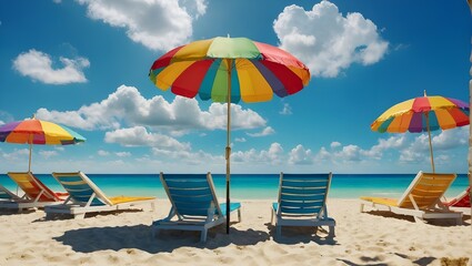 The image depicts a tranquil beach with colorful umbrellas, clear water, blue sky, and inviting lounge chairs, a perfect vacation spot.

