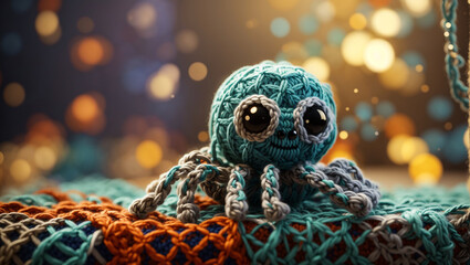 A small blue and orange crocheted octopus toy is sitting on a tan surface.