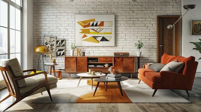 A modern living room with a vintage twist, featuring mid-century modern furniture, retro-inspired art, and a mix of old and new elements that create a unique, eclectic style