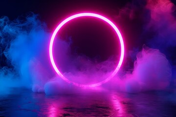 3d render, abstract background, round portal, pink blue neon lights, virtual reality, circles, energy source, glowing rings, blank space, frame, ultraviolet spectrum, laser show, smoke, fog, ground