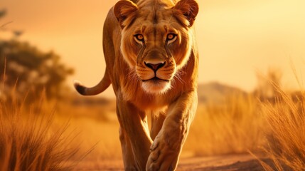 A majestic lioness leading her pride through the golden grasslands of the African savanna at...