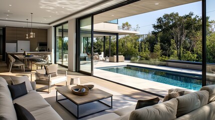 Obraz premium A modern living room with floor-to-ceiling retractable glass walls that open to a poolside terrace