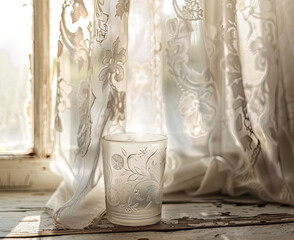 Elegant floral embossed tumbler on a vintage wooden table with soft morning light filtering through lace curtains, ideal for a nostalgic feel 