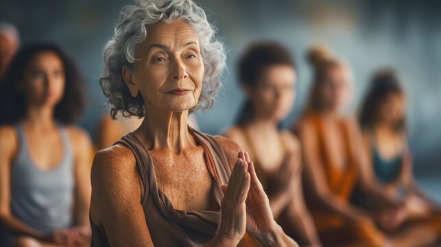 A serene and beautiful senior woman with gray hair is sitting in the center of a yoga classroom surrounded by other people doing poses.