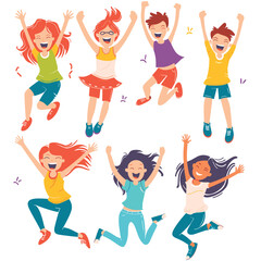 Children jumping joyfully, expressing happiness, diverse cartoon celebrating. Group joyful cartoon children, various ethnicities, laughing jumping, colorful illustration. Excited midair