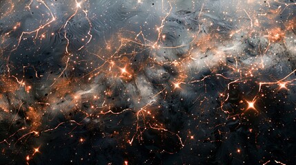 High resolution satellite map of the Milky Way galaxy with many stars and glowing orange lines connecting them to distant galaxies. A dark background