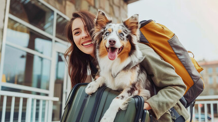 Happy woman traveler with luggage and her dog at a pet hotel