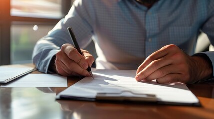 Businessman writing and signing a contract on a desk in an office, in a closeup view of hands holding a pen on a paper document at the workplace.