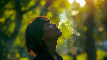 A woman is smoking, the smoke rises from her mouth as she breathes it in with joy. Sunlight shines through green trees with a background of nature