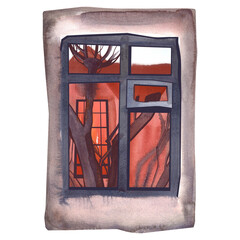 Window with autumn landscape behind the glass. Bare trees, a red brick house and a gray sky. Interior, stage, background. Isolated watercolor illustration on white background. Clipart.