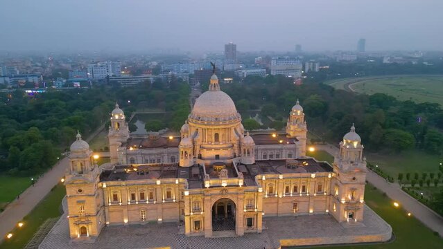 Aerial view of Victoria Memorial is a large marble monument on the Maidan in Central Kolkata