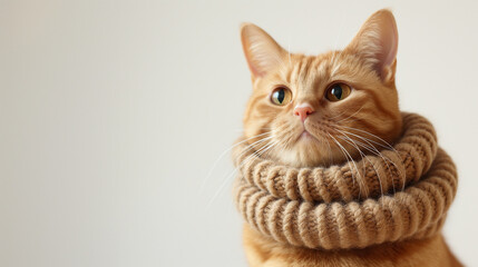 Cute ginger cat wearing warm scarf on white background, closeup