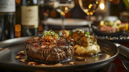 Upscale Steakhouse Showcases Wagyu Beef in Gourmet Plating with Decadent Sides and Extensive Wine Selection in Sophisticated Dining Setting