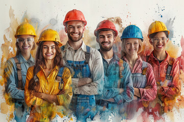 A group of diverse construction workers standing together, watercolor illustration on white background. Created with AI