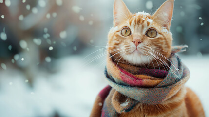 Cute ginger cat wearing scarf and scarf on snowy winter day.