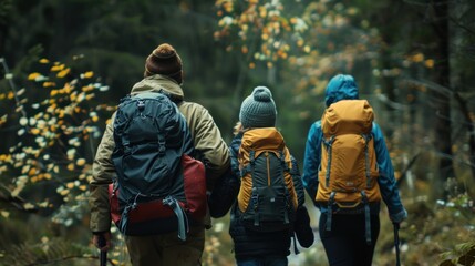 Happy family walking outdoors in the forest with backpacks on.